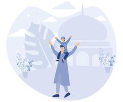 father taking his child to the mosque, teaching prayer since childhood, flat vector modern illustration