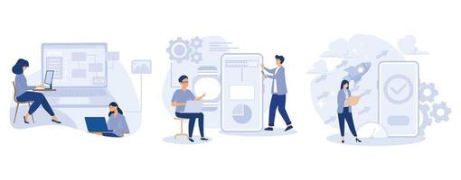 Software and frontend development, HTML5 website development, wearable mobile app, accelerated mobile pages, responsive landing design, set flat vector modern illustration