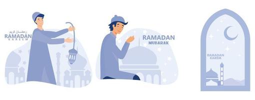 Ramadan greeting card. ramadan kareem with flat design mosque and crescent moon, set flat vector modern illustration