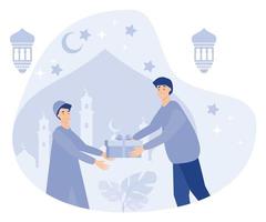 Muslim people giving sadaqa to poor people, ramadhan kareem, flat vector modern illustration