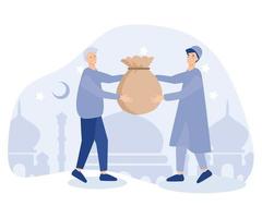 Ramadán pagar zakat concepto, un musulmán dando zakat a antiguo hombre cuando Ramadán mes, dar caridad a el otro persona, plano vector moderno ilustración