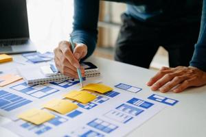 UX graphic designer planning application process development prototype wireframe for web smart phone. Creative digital development agency. photo