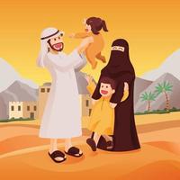 Happy Muslim Arab Family Together in Celebration, Father Lift His Daughter with Mother and Her Son enjoy themselves in the desert vector