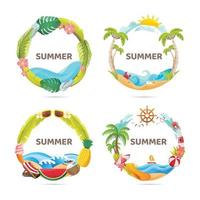 Colourful Vector Set of Summer Decorative Elements Such as Ocean, Coconut Tree, Watermelon, Lighthouse, Forming a Circle Frame for Promotion Badge or Sale Title