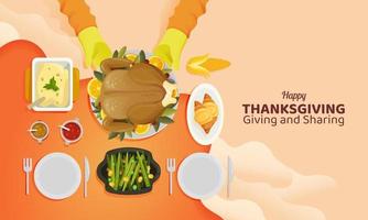 Thanksgiving turkey and another dishes and delicious menu from top of table view illustration vector