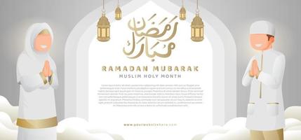 Clean White Gold Ramadan Mubarak Kareem With Muslim Man and Woman Illustration Horizontal Banner Template vector