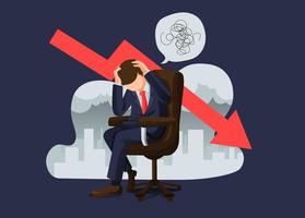 estresado empresario sentado con dolor de cabeza adelante de económico crisis y recesión ilustración vector