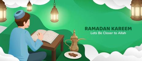 Muslim Man Reading Koran in Ramadan Kareem Holy Month with Lantern and dates Illustration vector