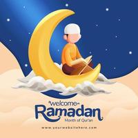 Ramadan Greeting Square Social Media Post Template With Muslim Man Reading Quran on Crescent Moon Illustration vector