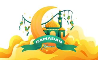 Simple Ramadan Kareem Greeting Illustration With Mosque Crescent Moon and Lantern on Clouds vector