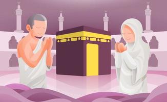 musulmán Pareja orar en frente de kaaba islámico hajj o Umrah peregrinaje vistiendo blanco ihram ropa