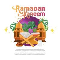 Ramadan Kareem Holy Month of Islam Greeting Illustration With Quran Dates and Lantern Concept Square Social Media Banner vector