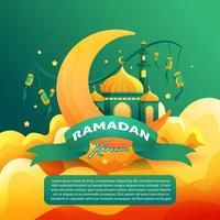 Simple Ramadan Kareem Greeting Square Social Media Post Template With Mosque Crescent Moon and Lantern on Clouds vector