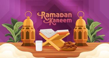 Ramadán kareem santo mes de islam saludo ilustración con Corán fechas y linterna concepto bandera vector