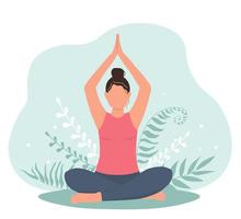 The girl sits in a lotus position, raises her hands up above her head. Woman doing yoga. Vector graphics.