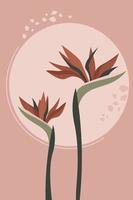 Abstract poster with exotic flowers. Strelitzia on the background of the sun circle. Simple natural vector graphics.