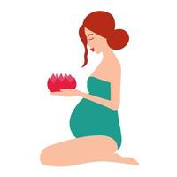 mujer embarazada sentada de rodillas con flor de nenúfar en las manos. ilustración vectorial de embarazo. mujer embarazada con barriga. vector