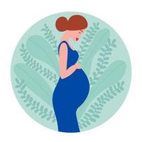 Vector pregnant woman. Woman holds her belly. Vector stock illustration. Pregnancy flat logo. Different leaves background.