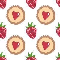 Strawberry and heart cookie seamless pattern. Vector hand drawn background.
