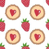 Strawberry and heart cookie seamless pattern. Vector hand drawn background.