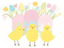 Easter cakes and spring flowers bouquet greeting card. Happy Easter card. Vector stock illustration. Cartoon style vector cakes and flowers. Bell flower, tulip, daisy.