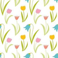 Tulips vector seamless pattern. Hand drawn doodle spring flowers pattern. Pink and yellow tulips on white background. Design for home textile, wedding decor, invitations, wrapping papers, wallpapers.