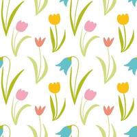 Tulips vector seamless pattern. Hand drawn doodle spring flowers pattern. Pink and yellow tulips on white background. Design for home textile, wedding decor, invitations, wrapping papers, wallpapers.