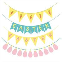 Easter garland set. Happy Easter. Lettering. Colorful garlands hanging on white background. Stickers, holiday decor, invitations, banner, textile. Vector stock illustration.