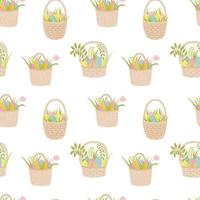 Easter basket with eggs seamless pattern. Hand drawn vector seamless pattern. Easter holiday decor. Wicker basket, coloured eggs, plants, tulips. Wrapping paper, holiday decor, home textile.