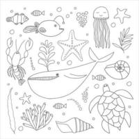 Big sea animals set. Vector sealife colouring page. Hand drawn doodle, fish and underwater animals. Whale, anglerfish, clownfish, jellyfish, starfish, crab, crayfish, seashell, turtle, algae, coral.