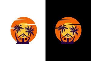 logo diseño palma con casa y amanecer modelo elemento valores vector