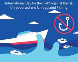 illustration vector graphic of fishing boat in the middle of a sea of waves, displaying a fishing prohibition symbol, perfect for international day, fight against illegal, unreported and unregulated