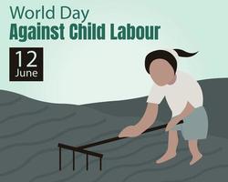 illustration vector graphic of a child working in the field with a rake, perfect for international day, world day against child labour, celebrate, greeting card, etc.