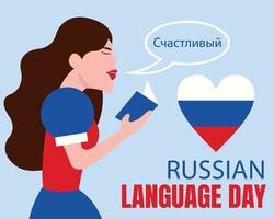 illustration vector graphic of a woman holding a Russian language dictionary book, perfect for international day, russian language day, celebrate, greeting card, etc.