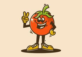 mascota personaje de un en pie tomate con manos formando un paz símbolo vector