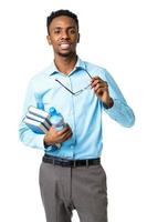 contento africano americano Universidad estudiante en pie con libros y botella de agua en su manos en blanco foto