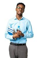 Happy african american college student standing with books and bottle of water in his hands on white photo