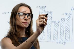 Woman draws various growth charts, calculating prospects for success in a modern glass office photo