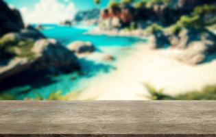 Wooden table top on blurred beach background, summer concept photo