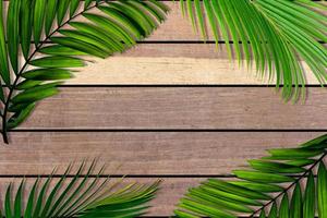 Green leaves pattern for nature concept,tropical leaf on brown wood background photo