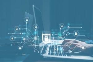 Cybersecurity and privacy concepts to protect data. Lock icon and internet network security technology. Businesswoman protecting personal data on laptop computer with virtual screen interfaces. photo