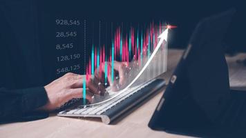 Analyst working with Business Analytics and Data Management System on graph make a report with KPI and metrics connected to database. Corporate strategy for finance, operations, sales, marketing photo