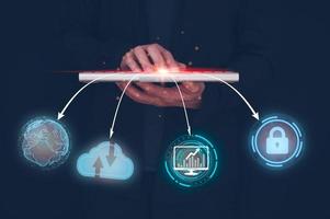 Business global internet connection technology , Financial and banking, Digital link tech, big data.man working with keyboard show connecting of world intrnet network,cloud computing,data and security photo
