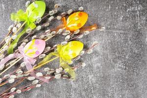 Willow tree branch with colorful eggs easter decoration on gray concrete background photo
