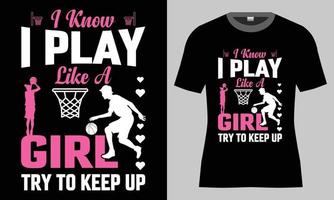 I know i play like a girl basketball gaming vector typography t-shirt design.