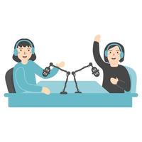 characters with headphones and mic recording audio podcast vector