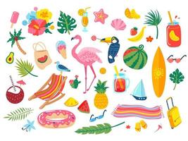 Summer elements. Cocktail drinks, soda, tropical leaves, flowers, pineapple, watermelon, flamingo, toucan. Hand drawn beach vacation doodle vector set