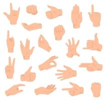 Flat hands. Man hand with various gestures and fist. Open palm victory and thumbs up, pointing finger sign. Holding and giving arm vector set