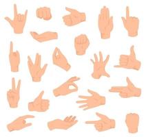 Flat hands. Man hand with various gestures and fist. Open palm victory and thumbs up, pointing finger sign. Holding and giving arm vector set