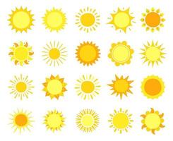 Sun icons. Sunshine, hot summer and sunrise symbols, gold sunlight circles, solar and sunny weather signs vector set